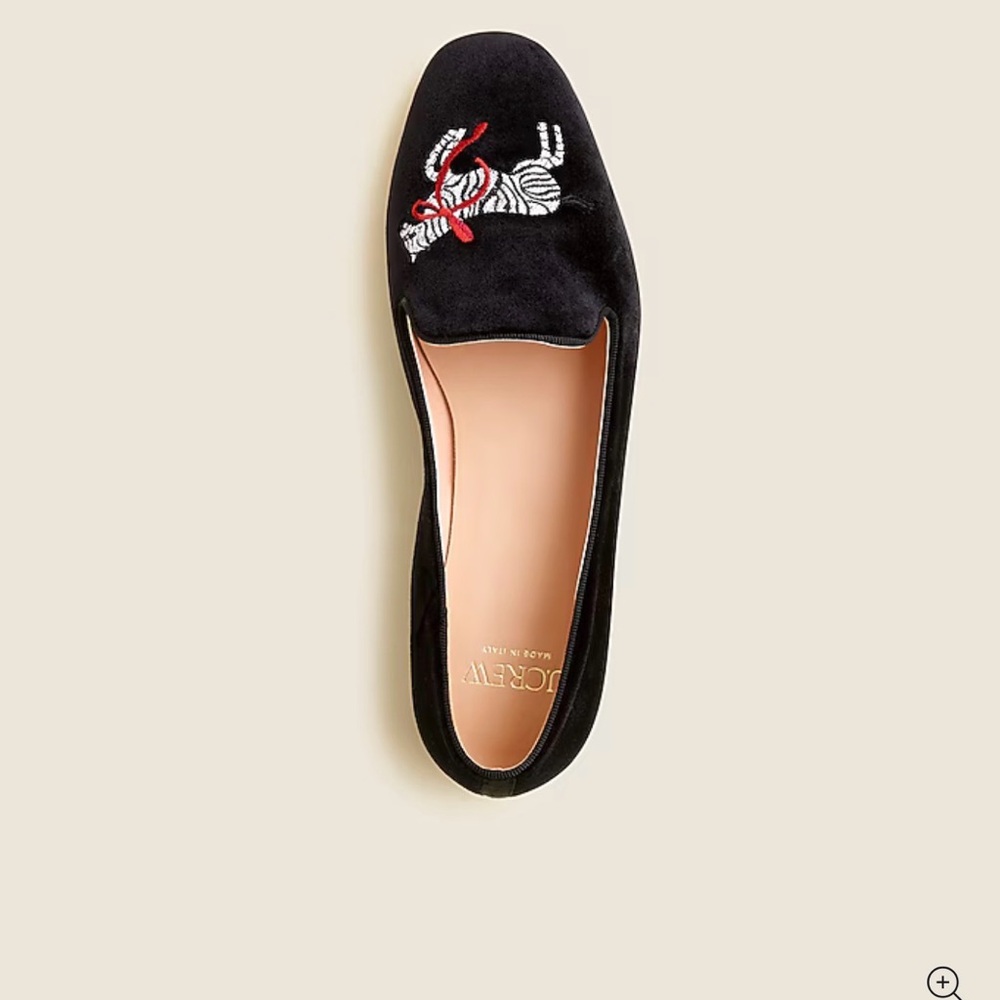 NIB J. Crew Black Velvet Loafers with Zebra Embroidery 8